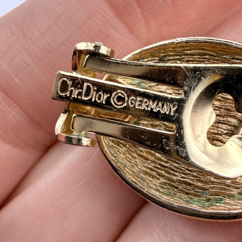 VTG CHRISTIAN DIOR Earrings Oval Black Glass Cabochon Crystal Clip On Gold Plate - Picture 7 of 7